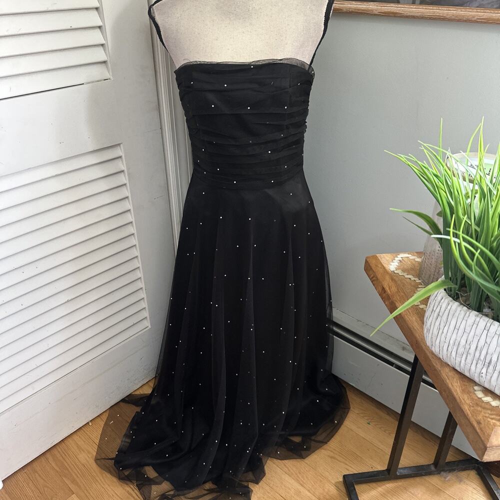 Vintage Scott McClintock Dress 4 Black Strapless Midi Rhinestone Tulle Evening